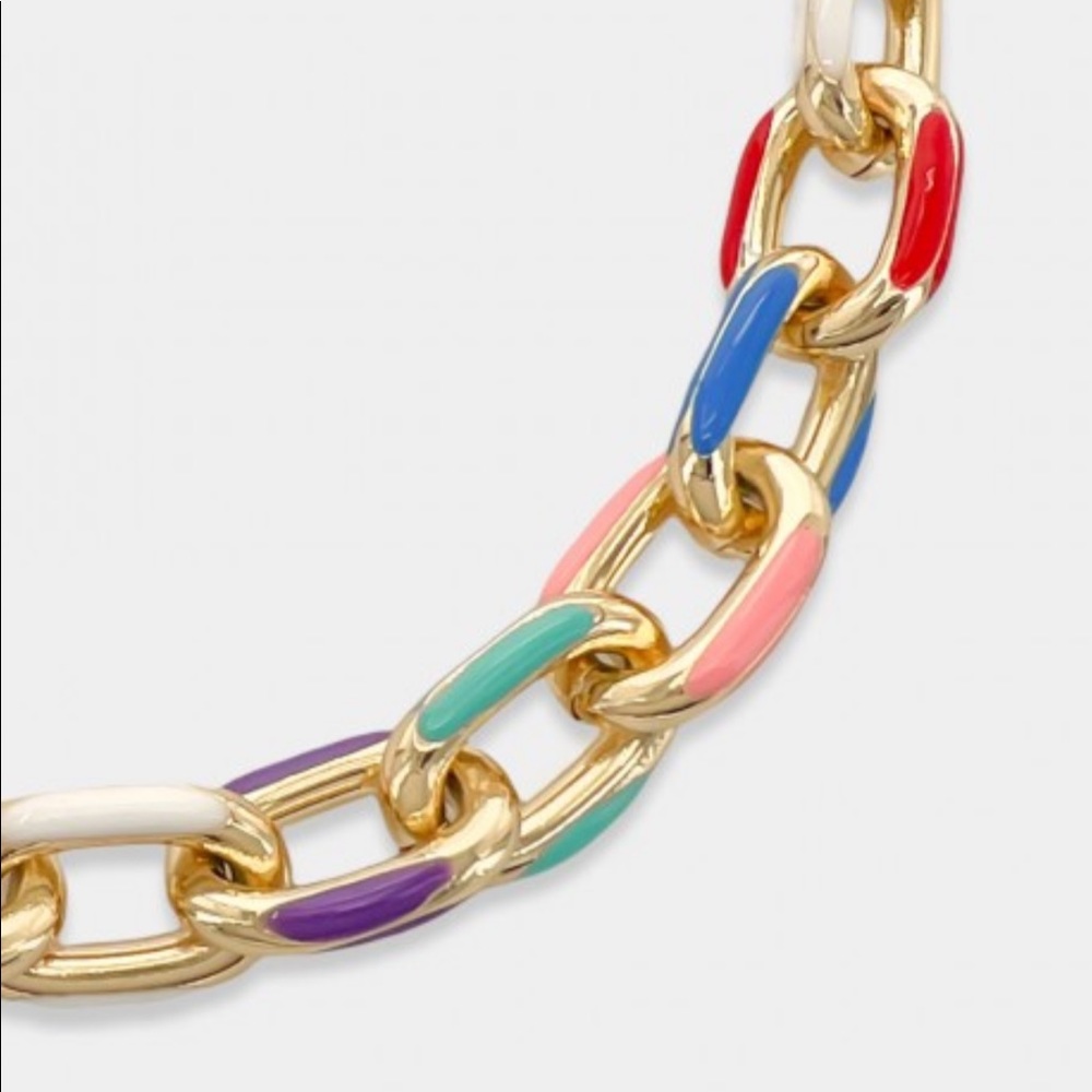 NEW ENAMEL PAPERCLIP Multicolor NECKLACE 14k plated Gold tone Chainlink Festival - Picture 4 of 5